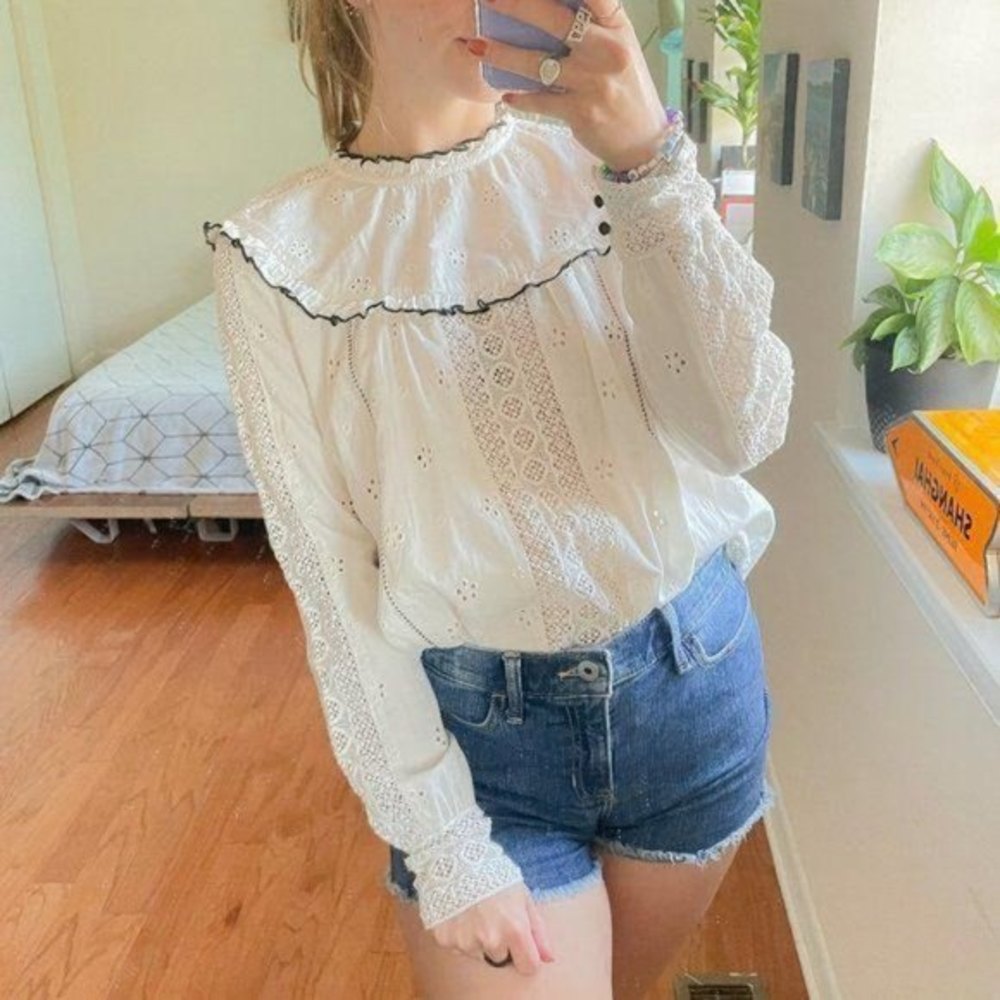 Sezane Ruffled Lace High Neck Eyelet Blouse White